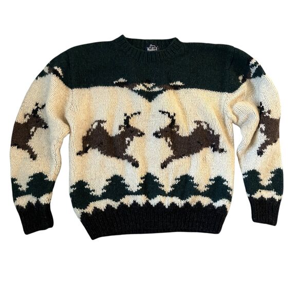 Woolrich Other - Woolrich Vintage 100% Wool White & Green Reindeer Trees Jacquard Sweater XL